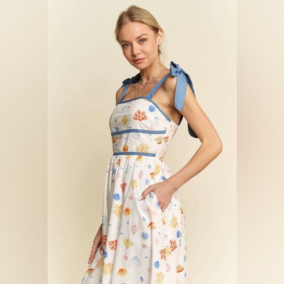 Floral White and Blue Maxi Denim Binding Detail Smocking Summer Maxi Dress - Picture 9 of 10